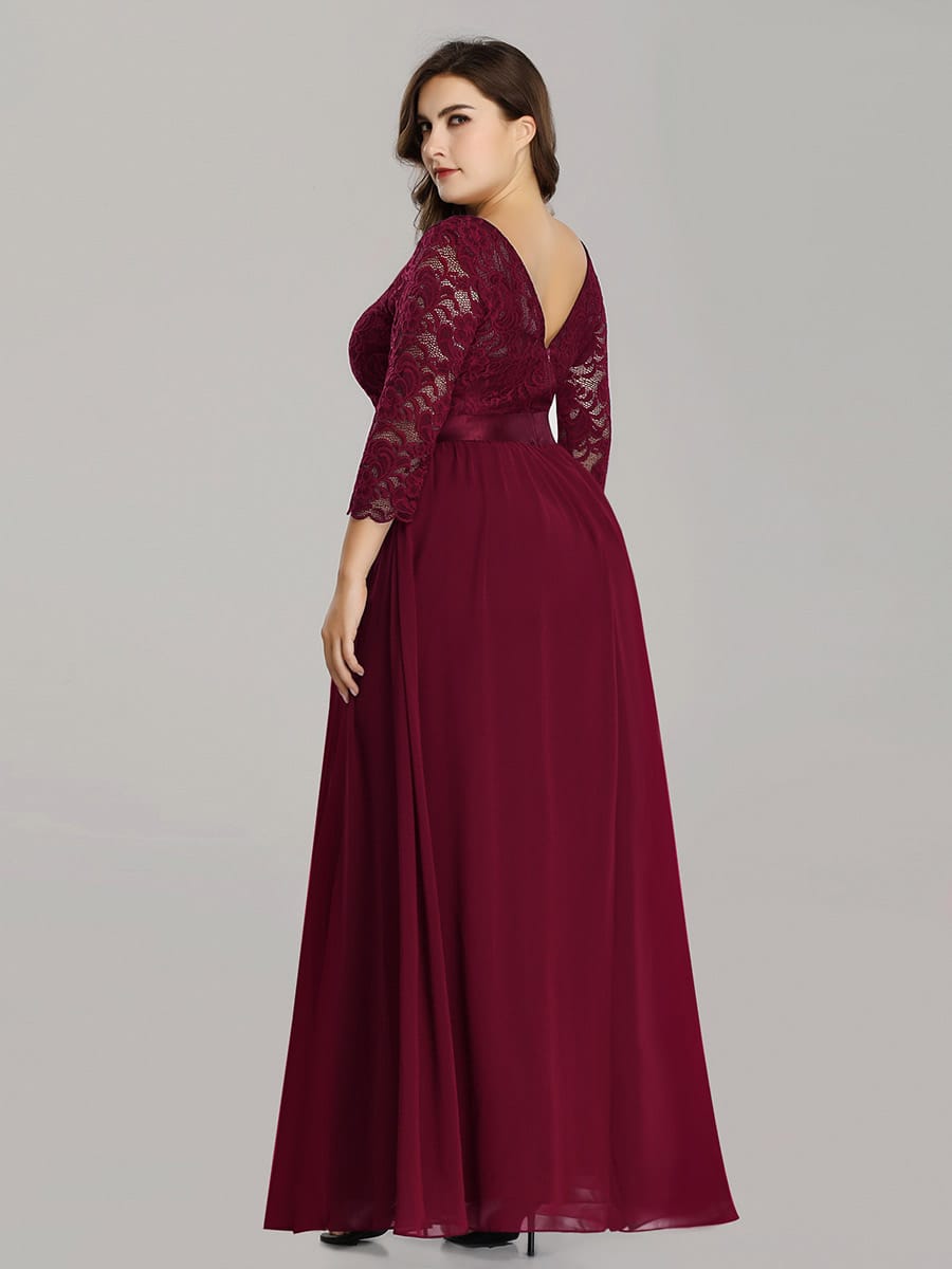See-Through Floor Length Lace Evening Dress with Half Sleeve #color_Burgundy
