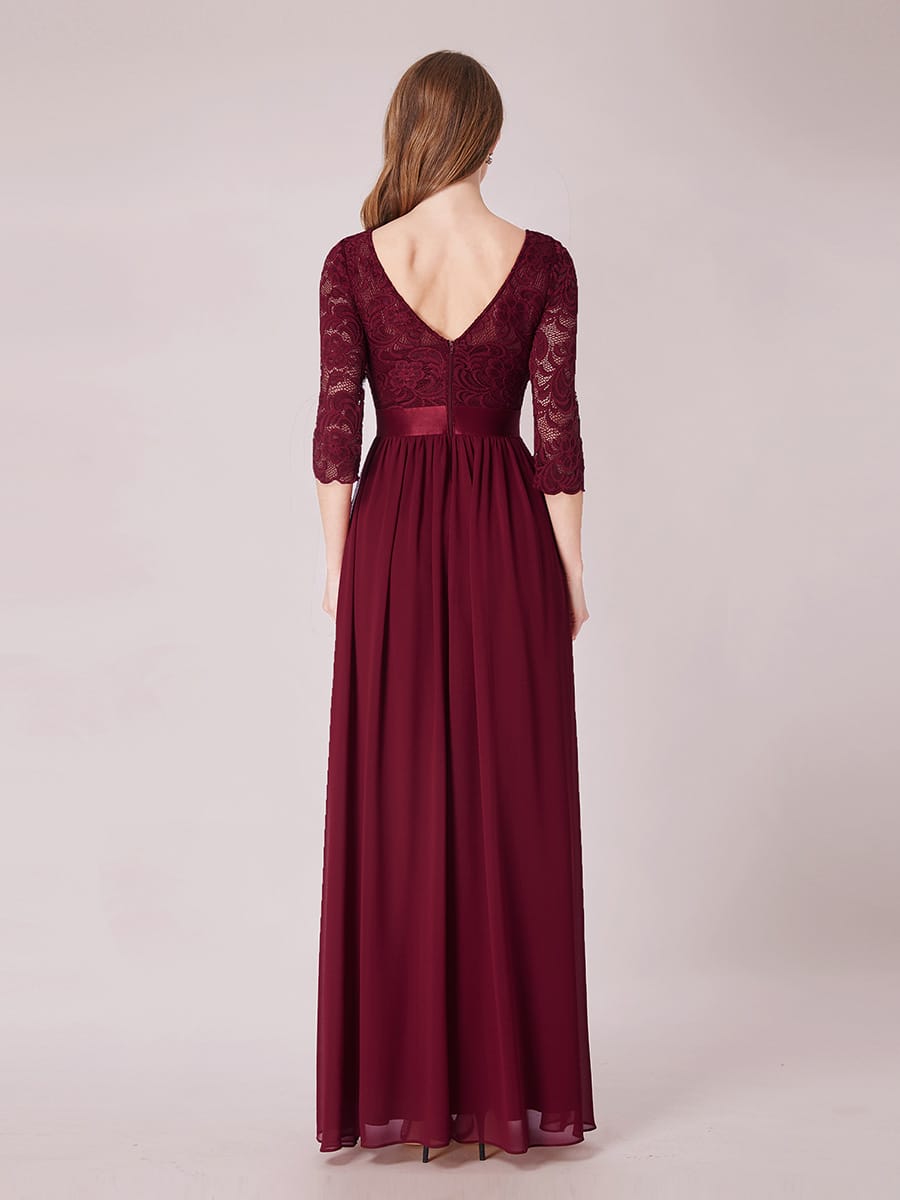 See-Through Floor Length Lace Evening Dress with Half Sleeve #color_Burgundy