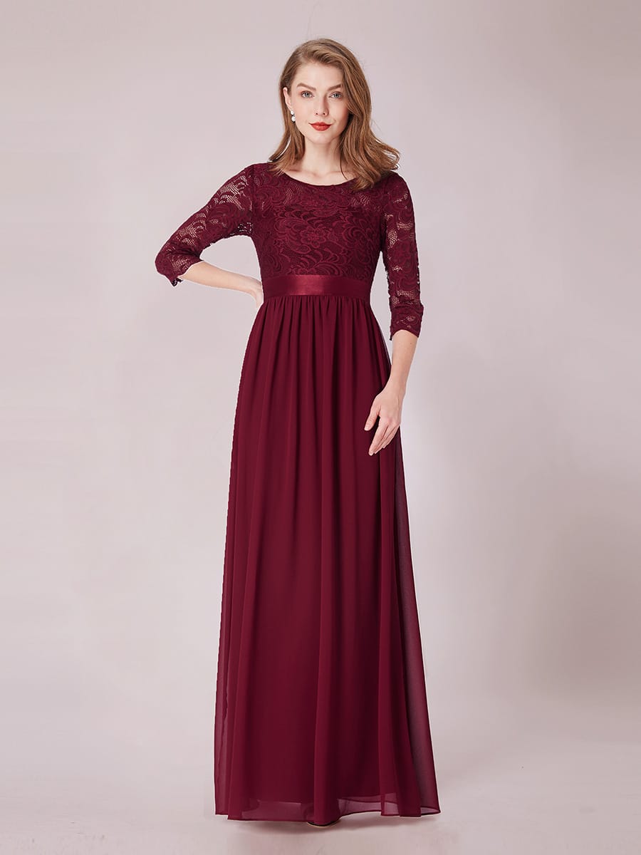 See-Through Floor Length Lace Evening Dress with Half Sleeve #color_Burgundy