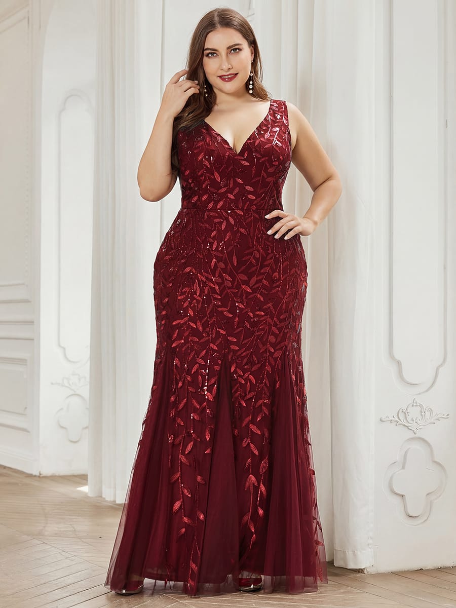 Women's Double V-Neck Fishtail Seuqin Evening Dress #color_Burgundy