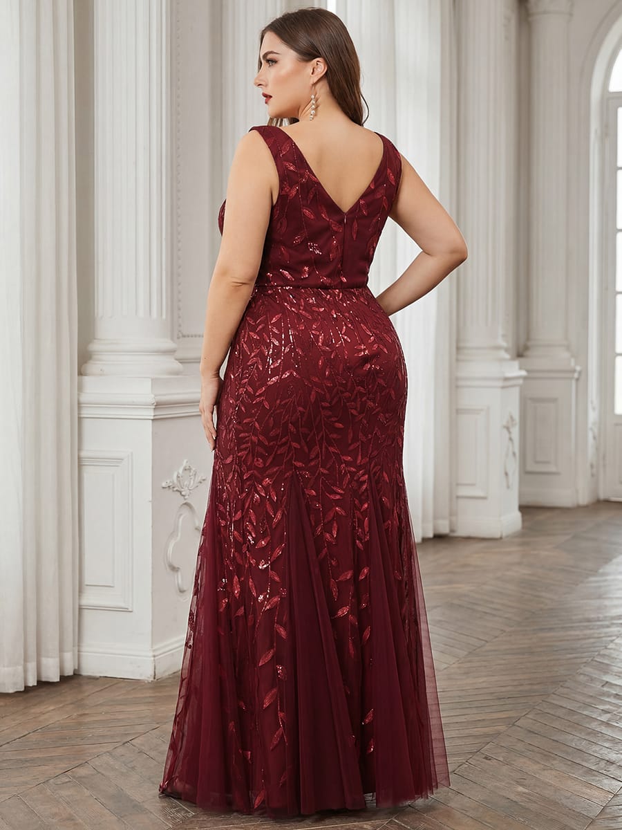 Women's Double V-Neck Fishtail Seuqin Evening Dress #color_Burgundy