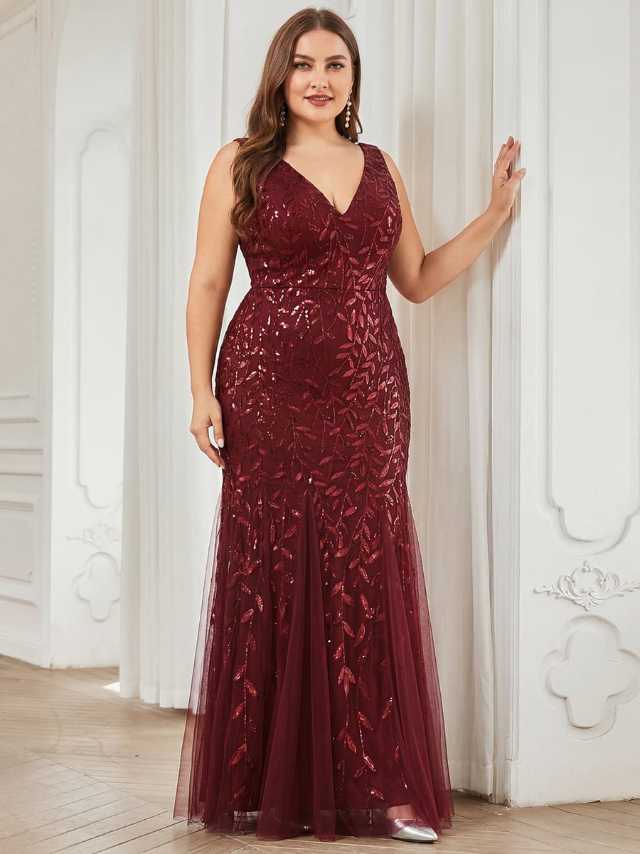 Women's Double V-Neck Fishtail Seuqin Evening Dress #color_Burgundy