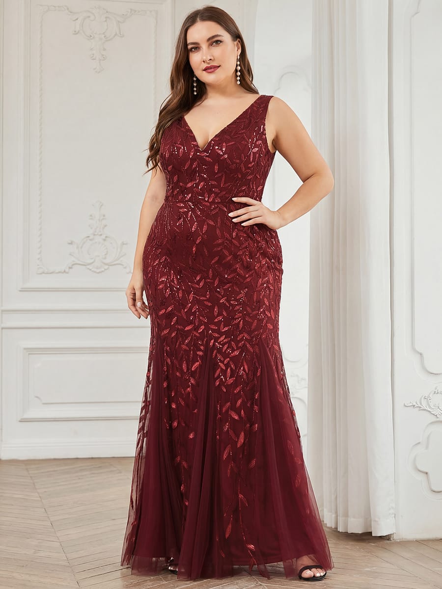 Women's Double V-Neck Fishtail Seuqin Evening Dress #color_Burgundy