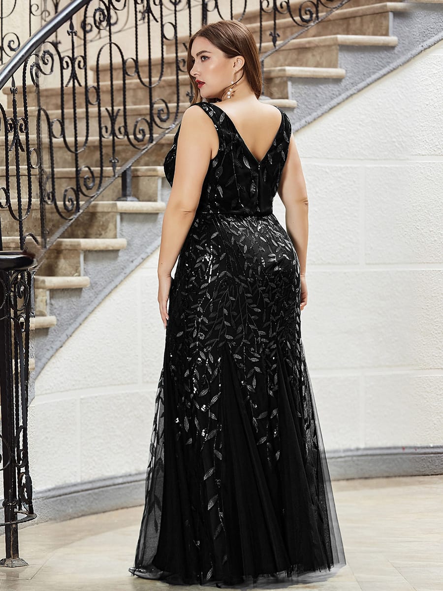 Women's Double V-Neck Fishtail Seuqin Wedding Guest Dress #color_Black