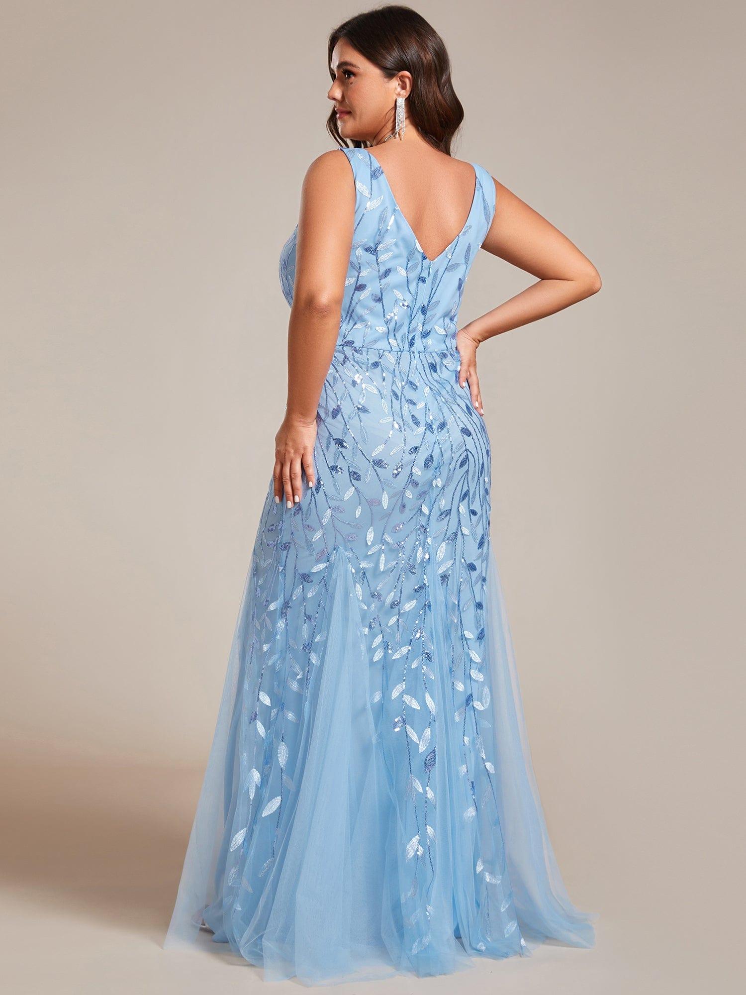 Women's Double V-Neck Fishtail Seuqin Wedding Guest Dress #color_Sky Blue