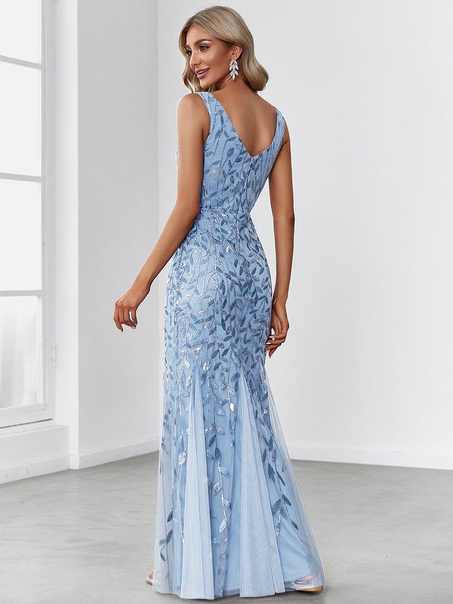 Women's Double V-Neck Fishtail Seuqin Wedding Guest Dress #color_Sky Blue