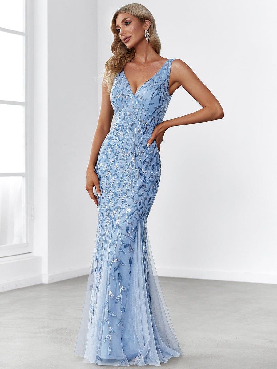 Women's Double V-Neck Fishtail Seuqin Wedding Guest Dress #color_Sky Blue