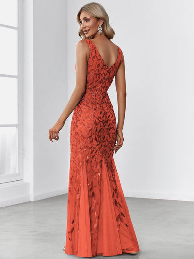 Women's Double V-Neck Fishtail Seuqin Wedding Guest Dress #color_Burnt Orange