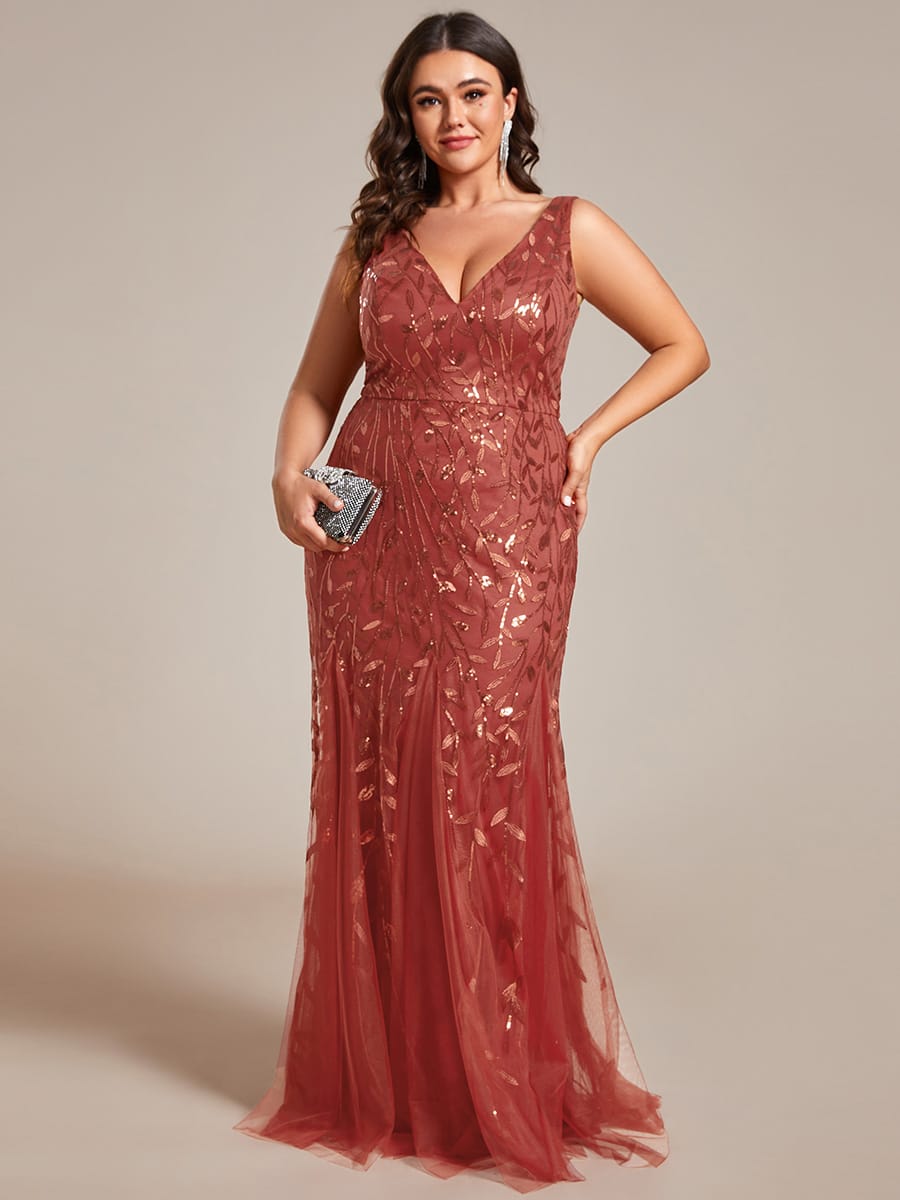 Women's Double V-Neck Fishtail Seuqin Evening Dress #color_Burnt Orange