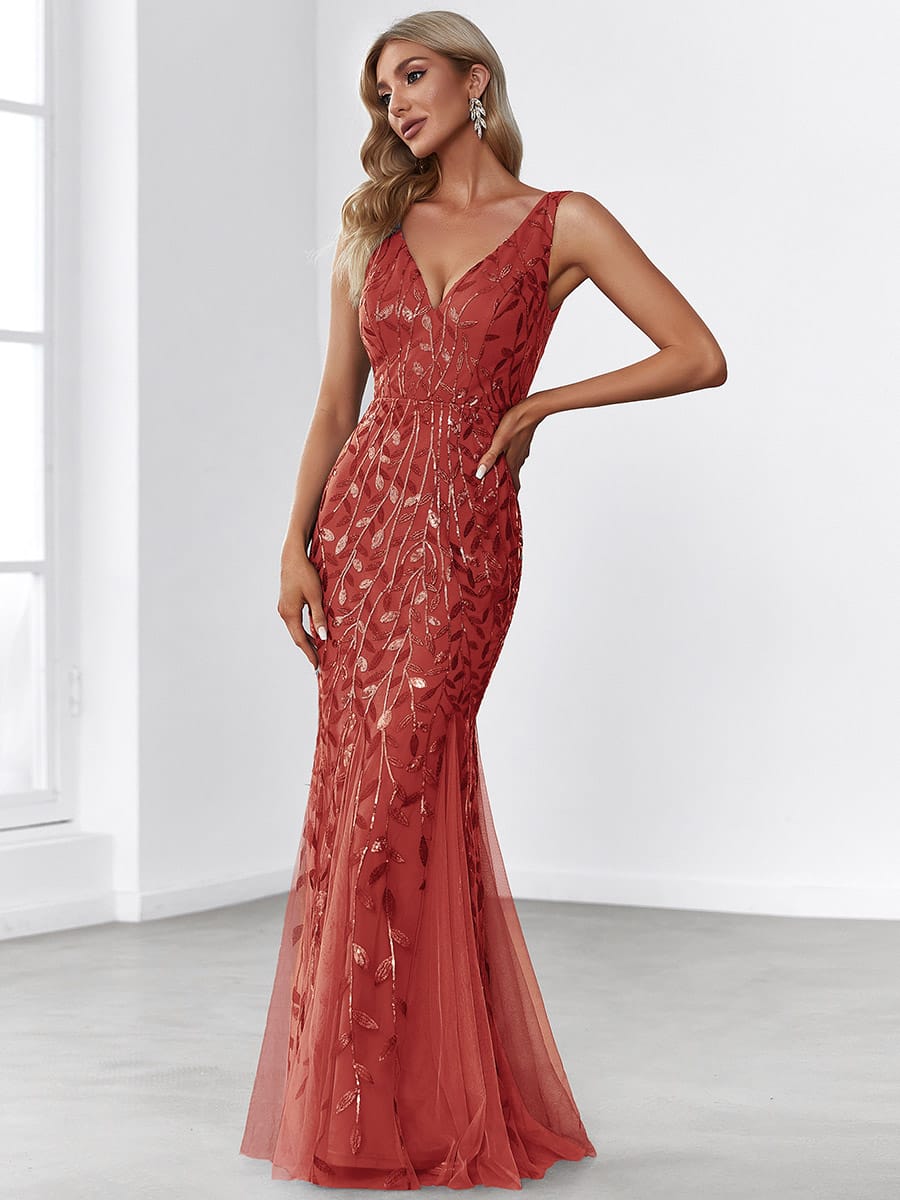 Women's Double V-Neck Fishtail Seuqin Evening Dress #color_Burnt Orange
