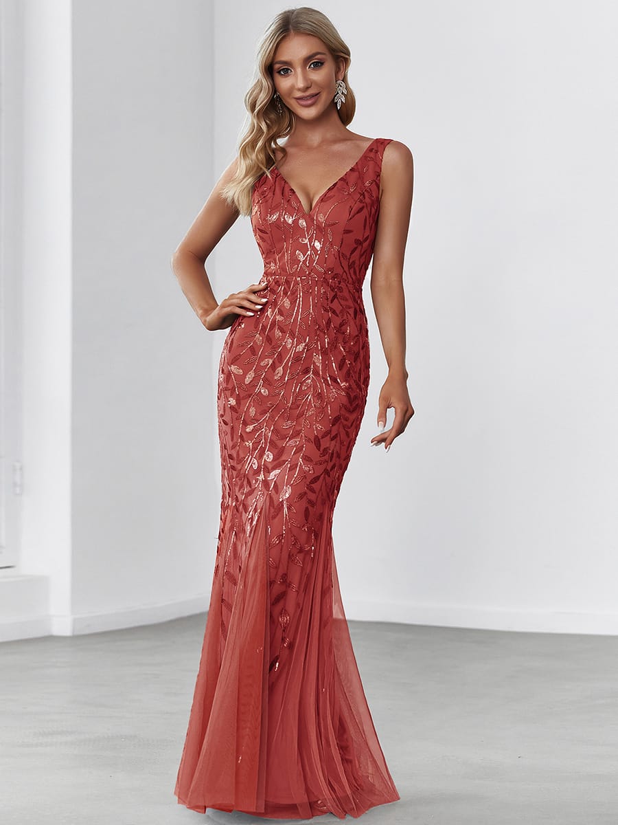 Women's Double V-Neck Fishtail Seuqin Evening Dress #color_Burnt Orange