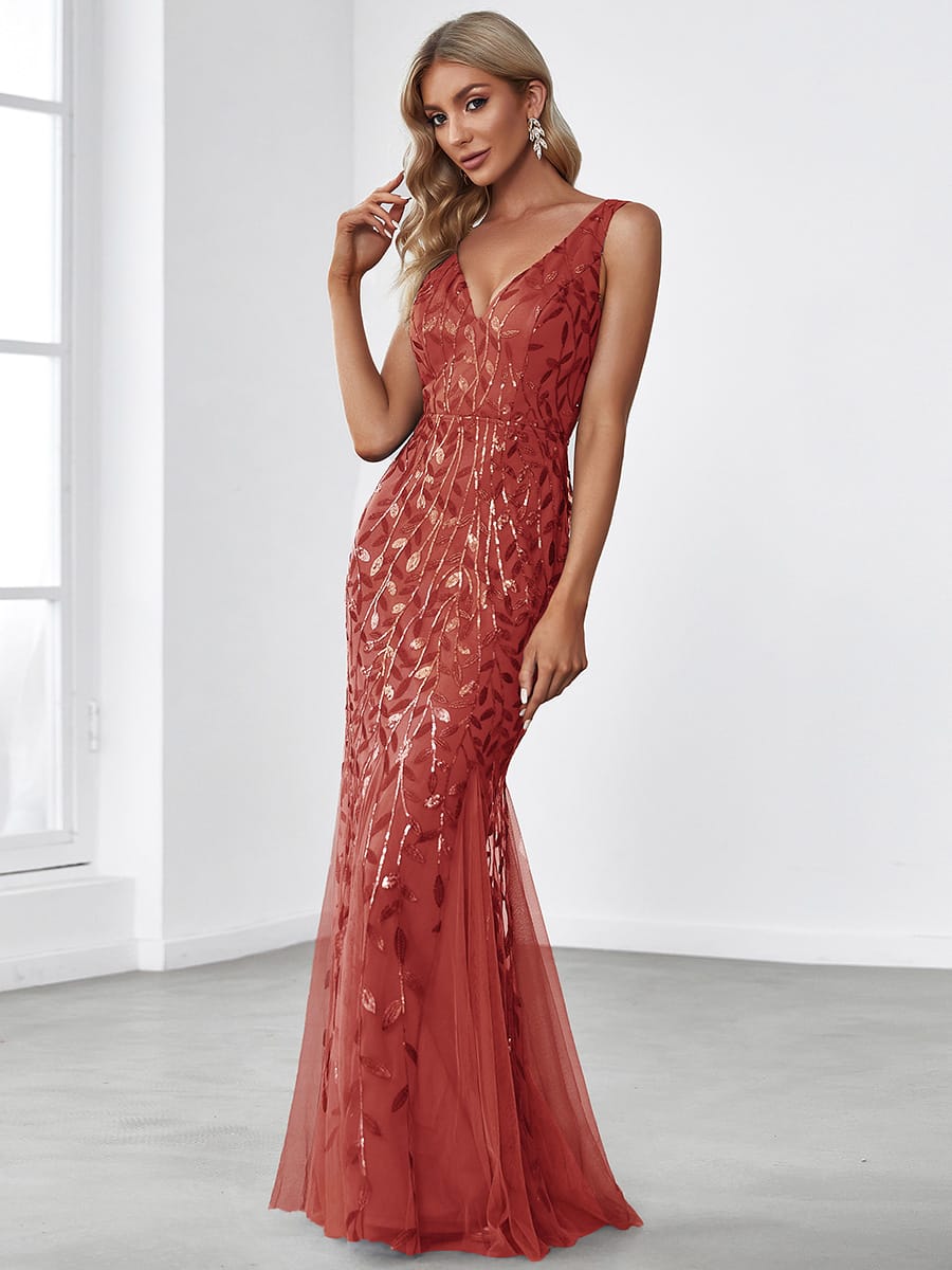 Women's Double V-Neck Fishtail Seuqin Evening Dress #color_Burnt Orange
