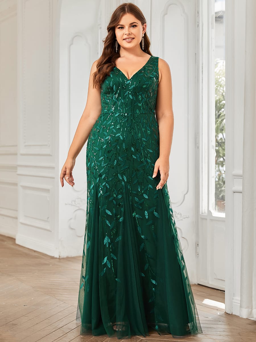 Women's Double V-Neck Fishtail Seuqin Evening Dress #color_Dark Green