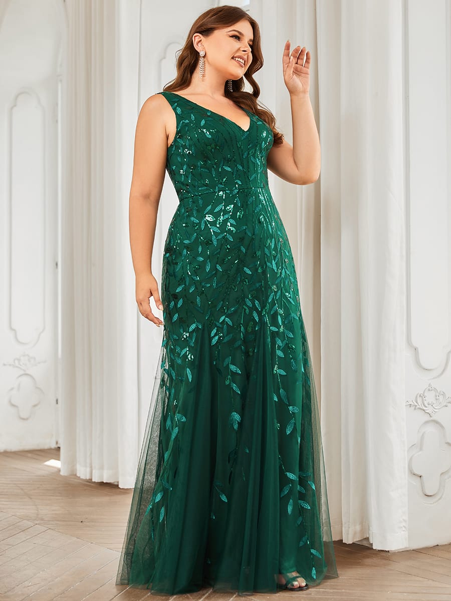 Women's Double V-Neck Fishtail Seuqin Evening Dress #color_Dark Green