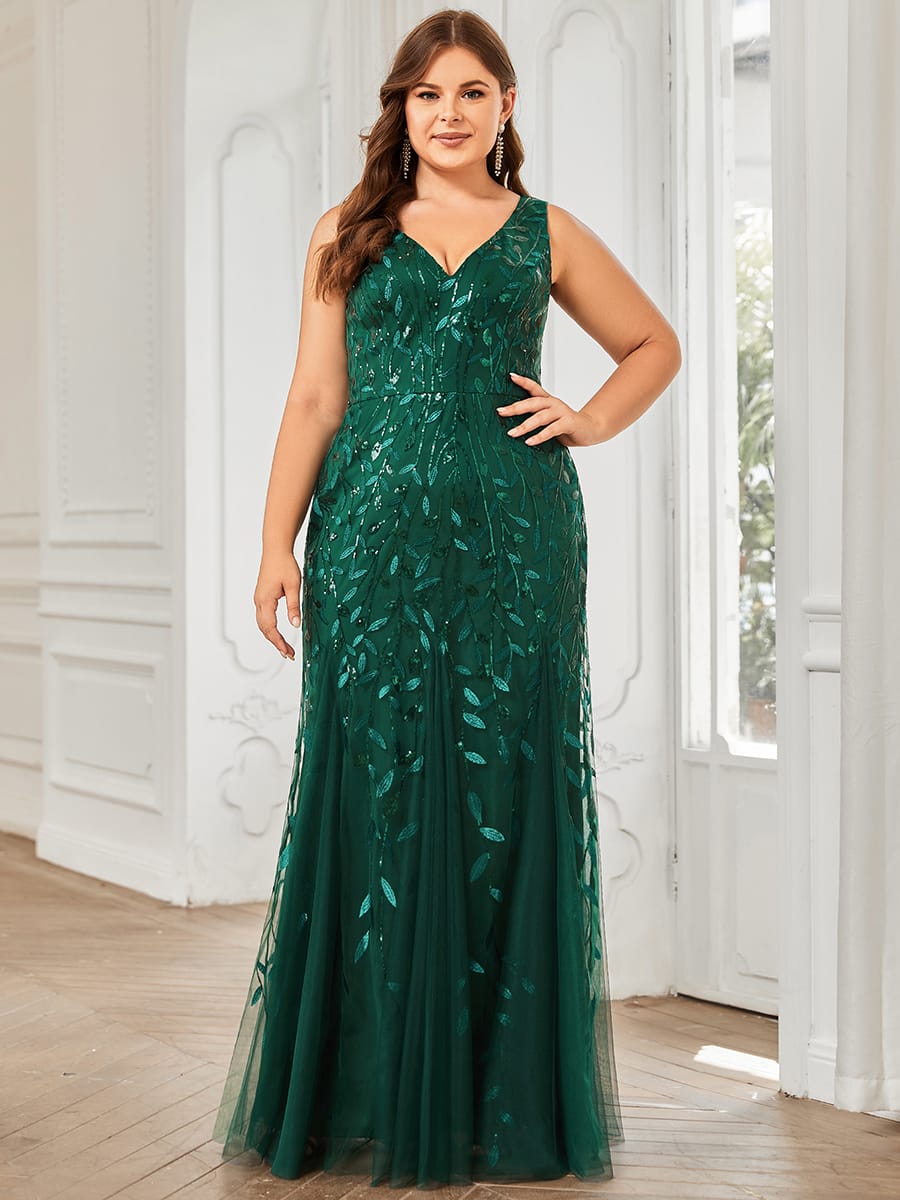 Women's Double V-Neck Fishtail Seuqin Evening Dress #color_Dark Green