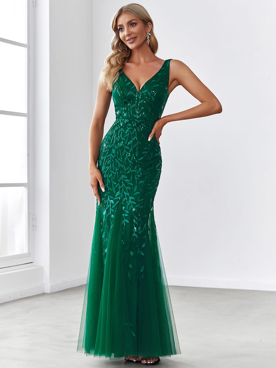 Women's Double V-Neck Fishtail Seuqin Evening Dress #color_Dark Green
