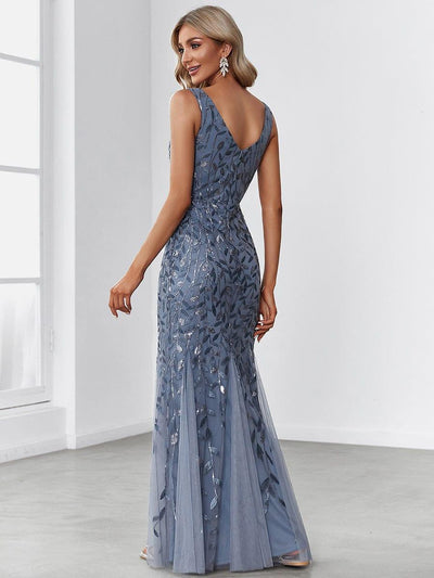 Women's Double V-Neck Fishtail Seuqin Wedding Guest Dress #color_Dusty Blue