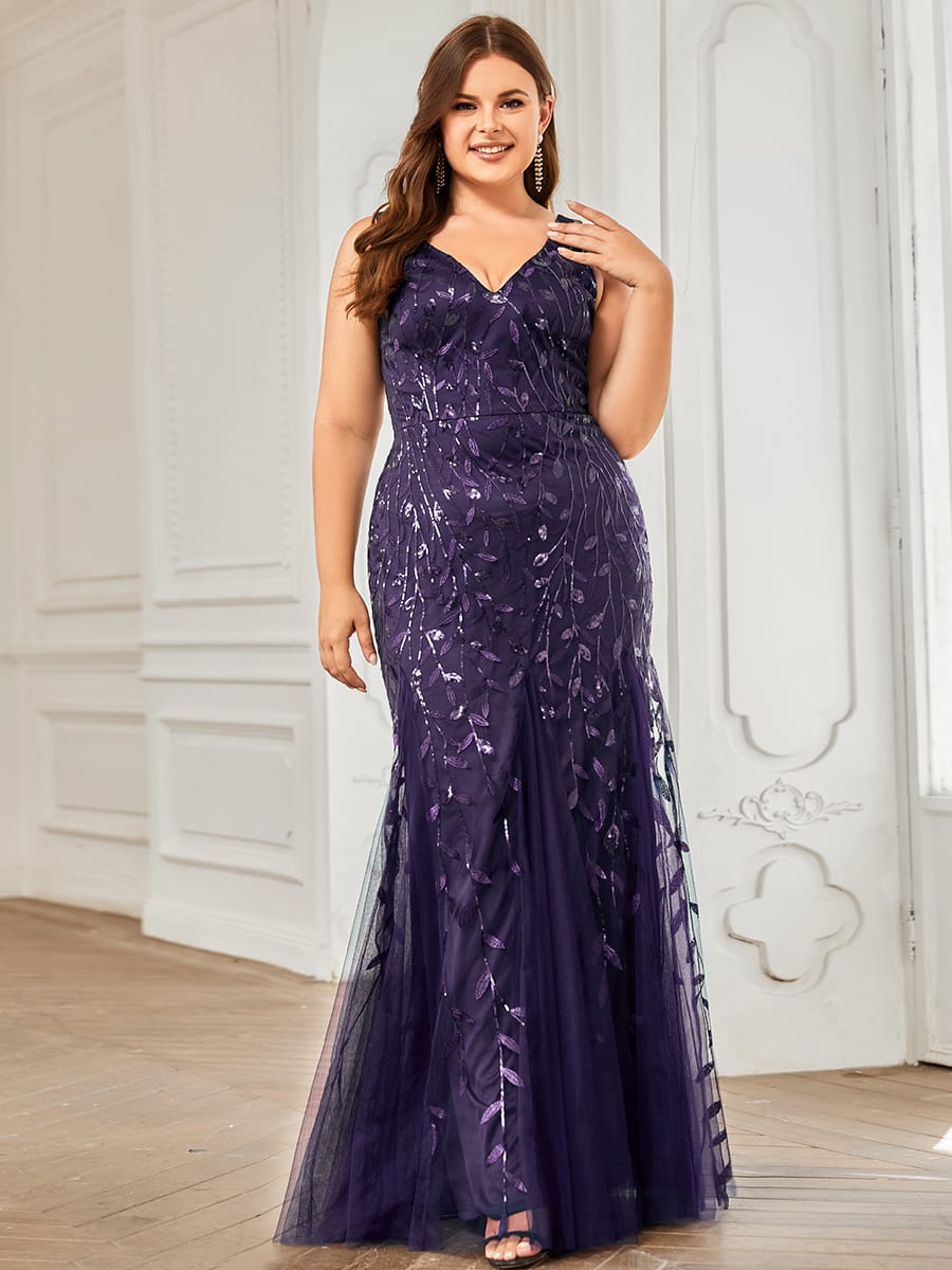 Women's Double V-Neck Fishtail Seuqin Wedding Guest Dress #color_Dark Purple