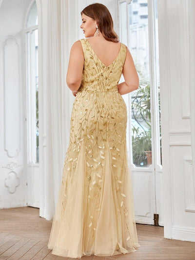 Plus Size Women's V-Neck Fishtail Seuqin Evening Dress #color_Gold