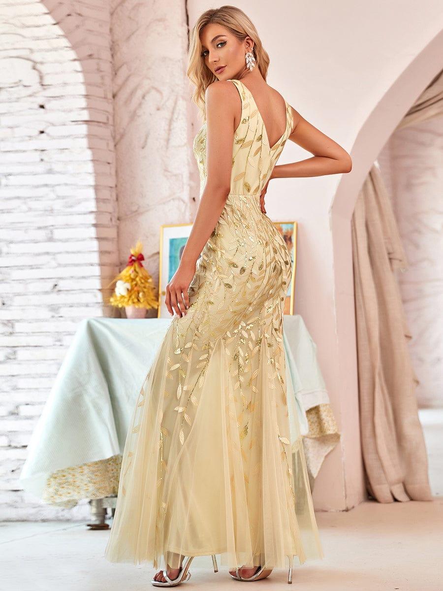 Women's Double V-Neck Fishtail Seuqin Wedding Guest Dress #color_Gold