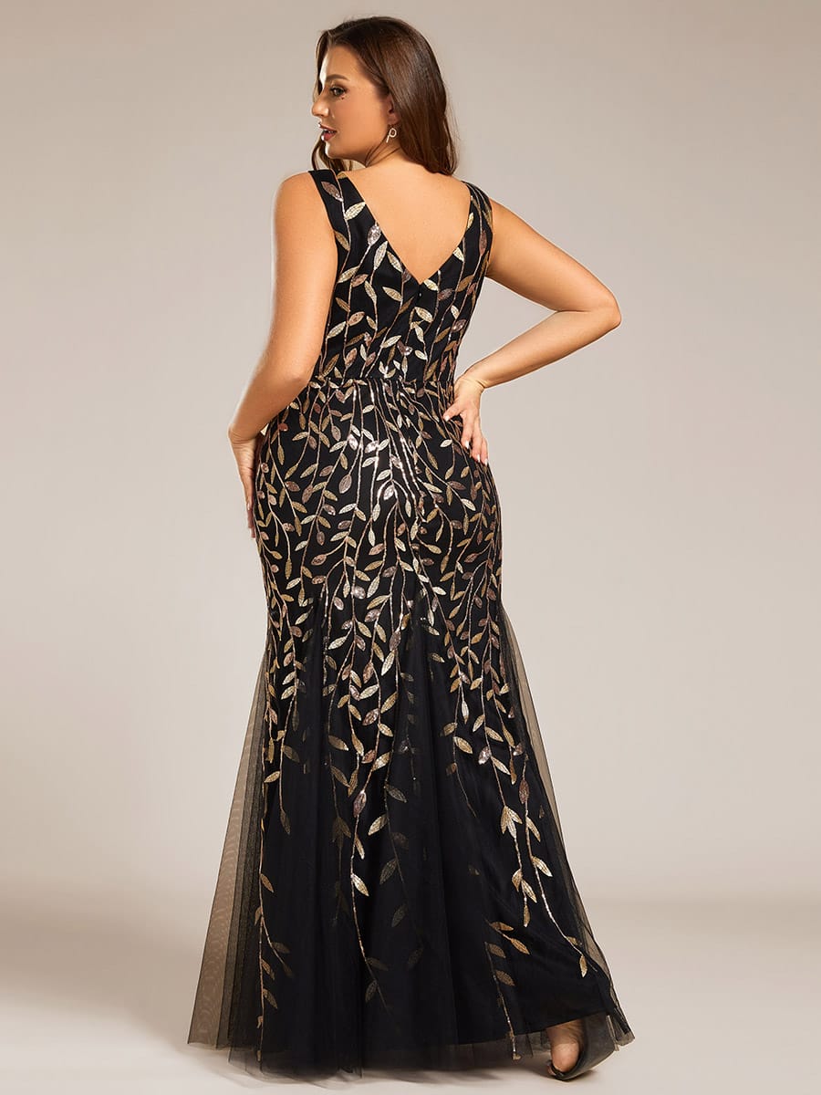 Women's Double V-Neck Fishtail Seuqin Wedding Guest Dress #color_Black & Gold