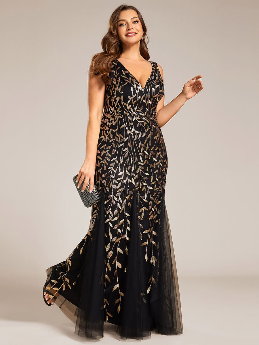 Women's Double V-Neck Fishtail Seuqin Wedding Guest Dress #color_Black & Gold