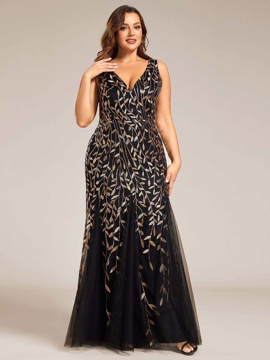 Women's Double V-Neck Fishtail Seuqin Wedding Guest Dress #color_Black & Gold