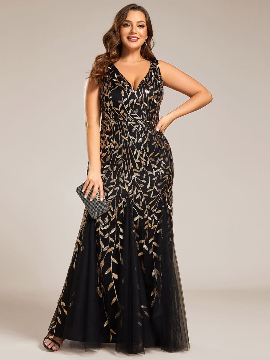 Women's Double V-Neck Fishtail Seuqin Wedding Guest Dress #color_Black & Gold