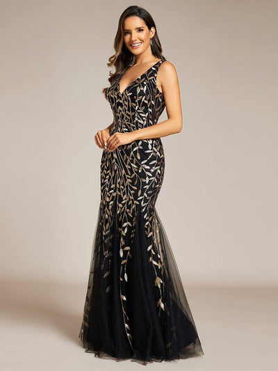 Women's Double V-Neck Fishtail Seuqin Wedding Guest Dress #color_Black & Gold