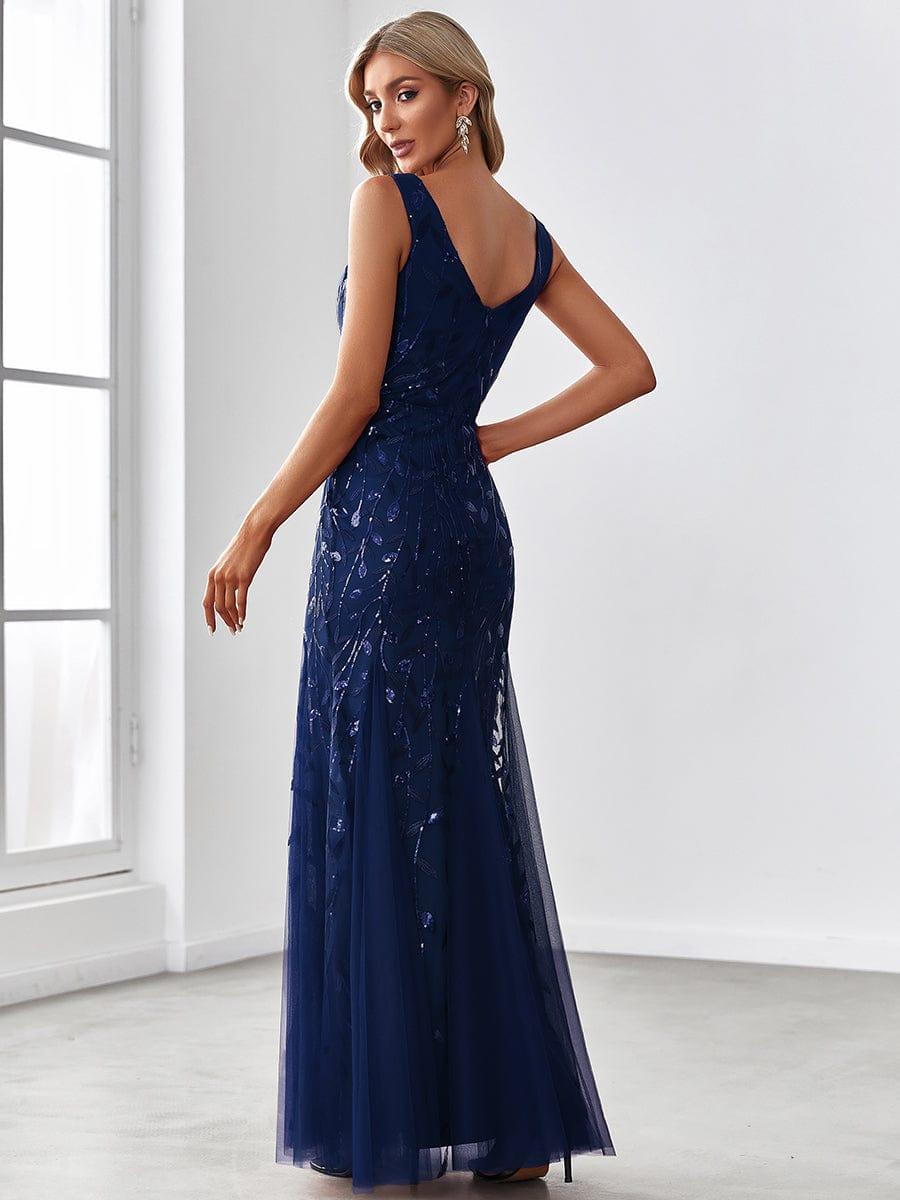 Women's Double V-Neck Fishtail Seuqin Wedding Guest Dress #color_Navy Blue
