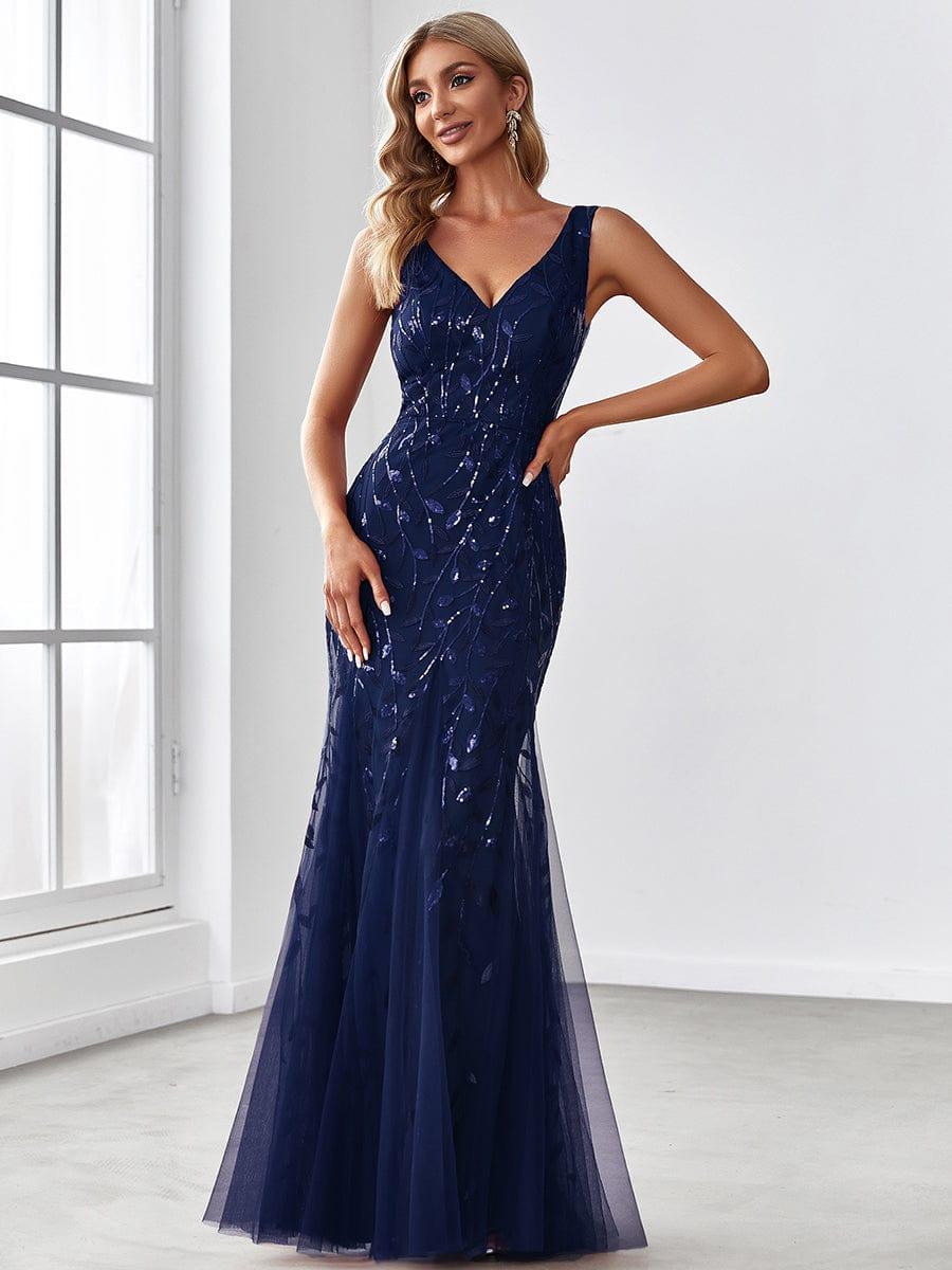Women's Double V-Neck Fishtail Seuqin Wedding Guest Dress #color_Navy Blue