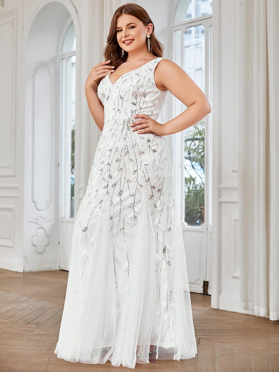 Women's Double V-Neck Fishtail Seuqin Wedding Guest Dress #color_White