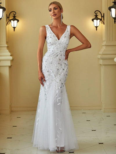 Women's Double V-Neck Fishtail Seuqin Evening Dress #color_White