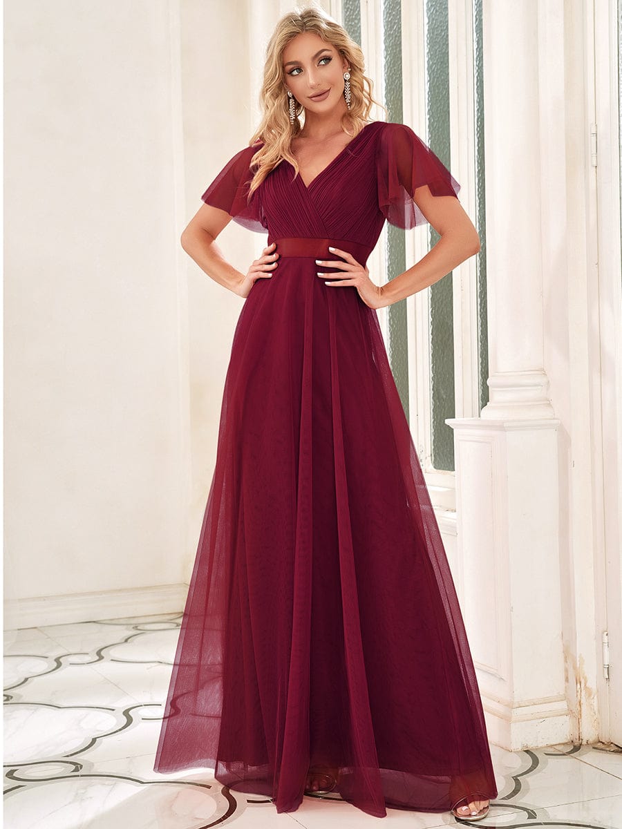 Double V-Neck Tulle Floor-Length Bridesmaid Dress #color_Burgundy