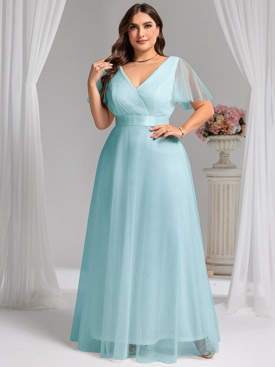 Double V-Neck Tulle Floor-Length Bridesmaid Dress #color_Sky Blue