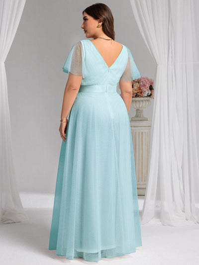 Double V-Neck Tulle Floor-Length Bridesmaid Dress #color_Sky Blue