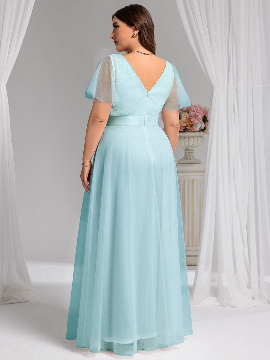 Double V-Neck Tulle Floor-Length Bridesmaid Dress #color_Sky Blue