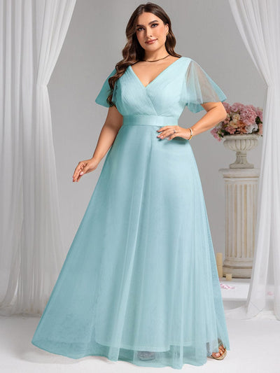 Double V-Neck Tulle Floor-Length Bridesmaid Dress #color_Sky Blue