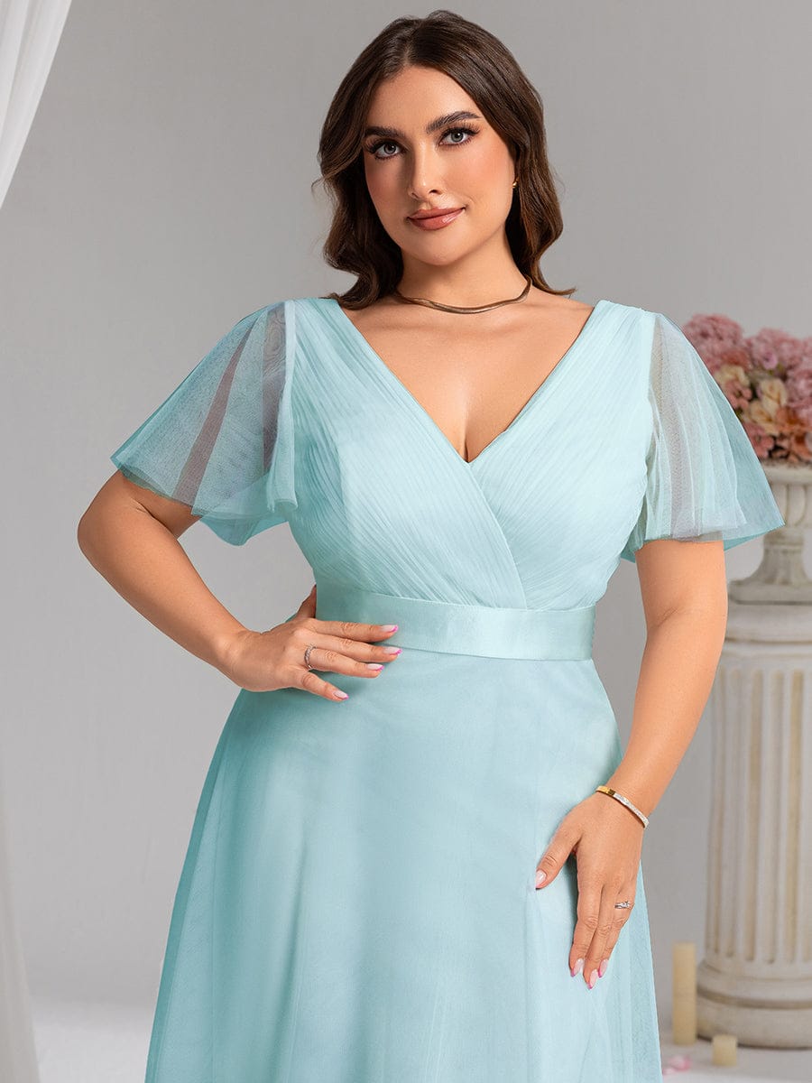 Double V-Neck Tulle Floor-Length Bridesmaid Dress #color_Sky Blue
