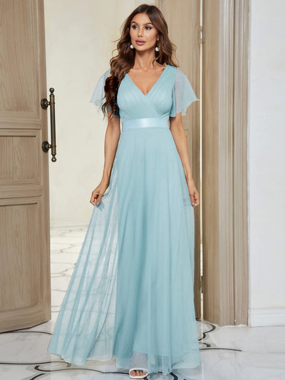Double V-Neck Tulle Floor-Length Bridesmaid Dress #color_Sky Blue