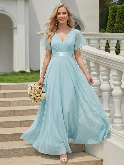 ever MISTE|Double V-Neck Tulle Floor-Length Bridesmaid Dress