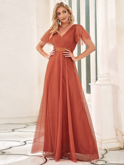 Double V-Neck Tulle Floor-Length Bridesmaid Dress #color_Burnt Orange