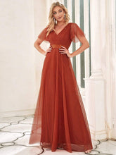 Double V-Neck Tulle Floor-Length Bridesmaid Dress #color_Burnt Orange
