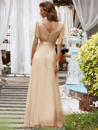 Double V-Neck Tulle Floor-Length Bridesmaid Dress #Color_Champagne
