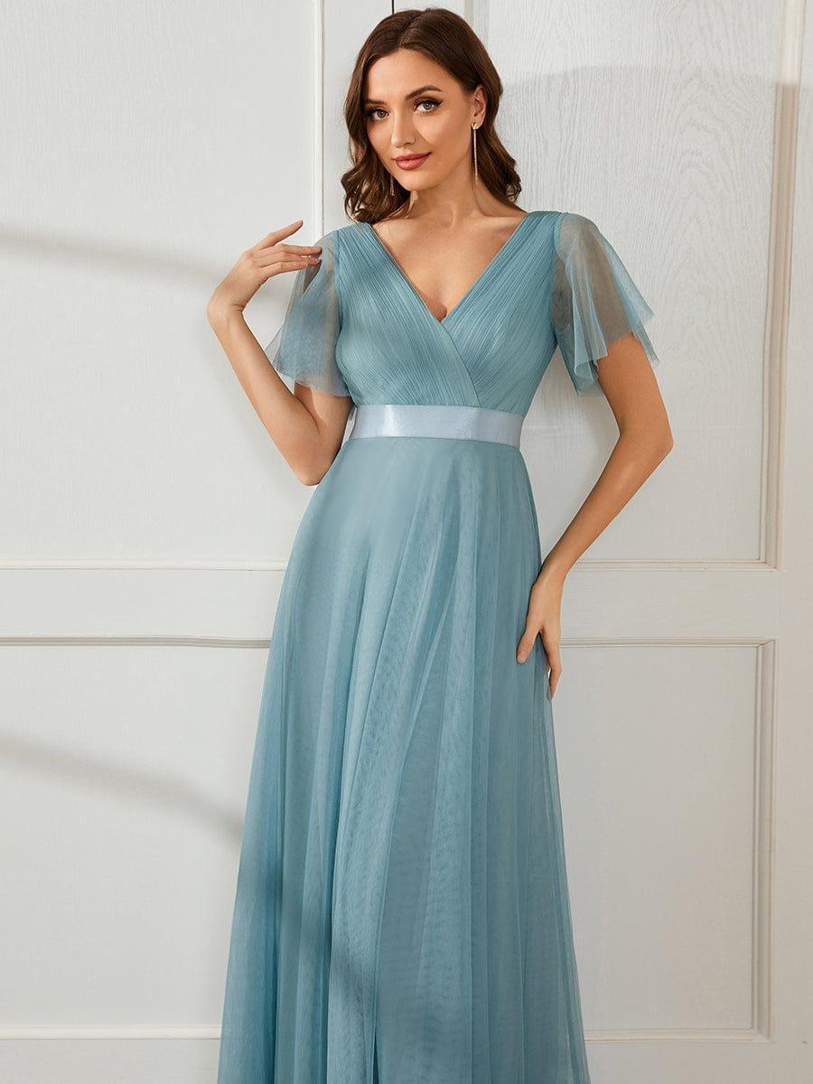 Double V-Neck Tulle Floor-Length Bridesmaid Dress #color_Light Teal