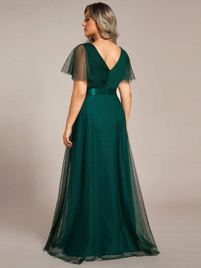 Women's Floor-Length Plus Size Bridesmaid Dress with Short Sleeve #color_Dark Green