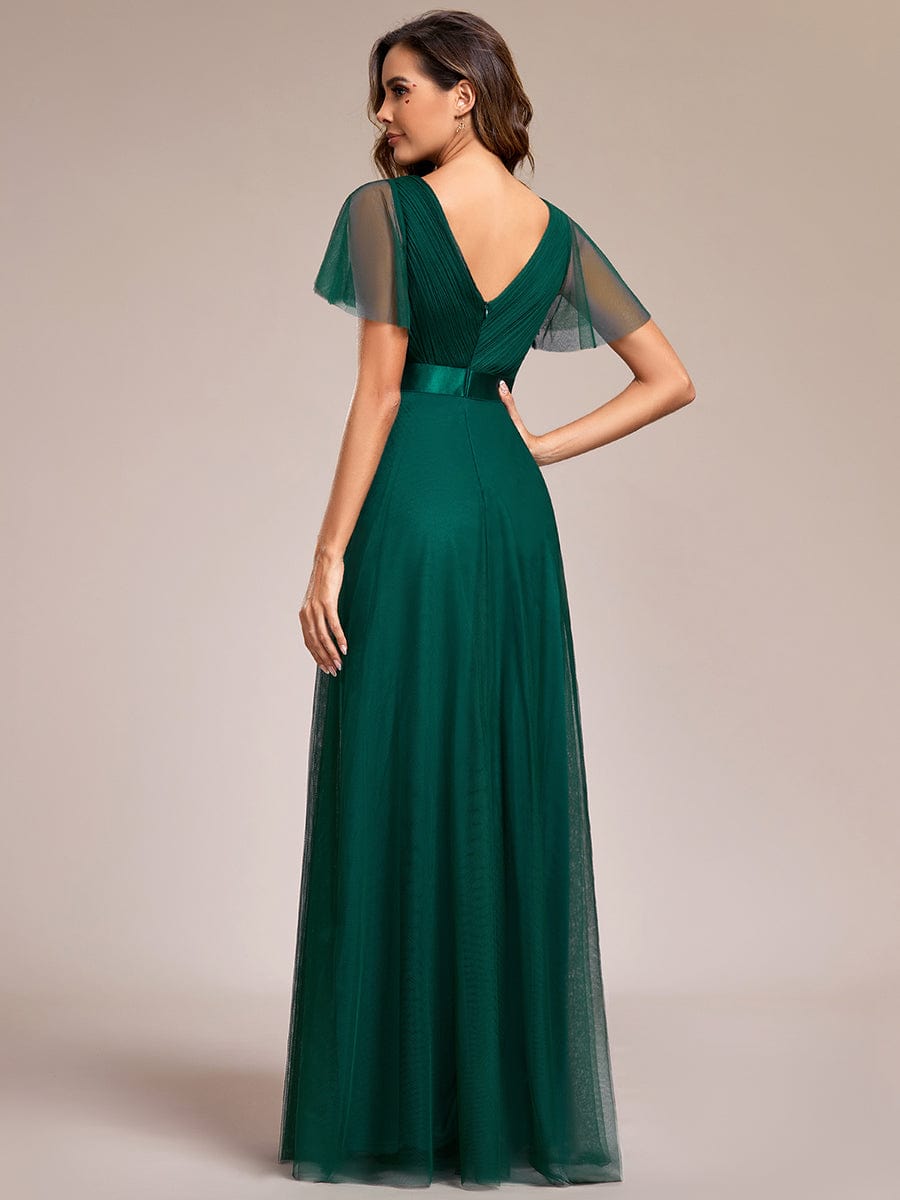 Double V-Neck Tulle Floor-Length Bridesmaid Dress #color_Dark Green
