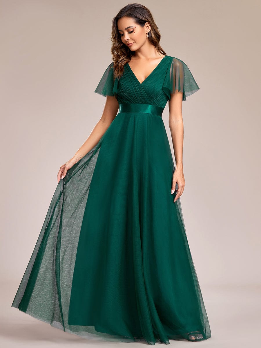 Double V-Neck Tulle Floor-Length Bridesmaid Dress #color_Dark Green
