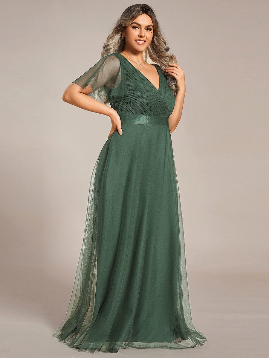 Double V-Neck Tulle Floor-Length Bridesmaid Dress #color_Eucalyptus Green