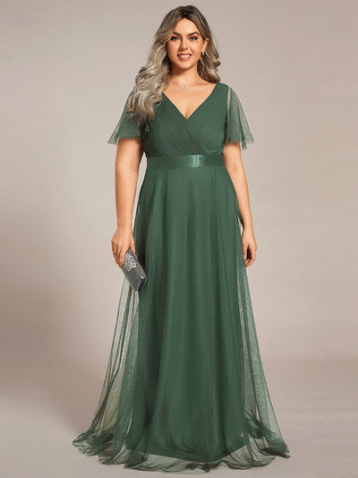 Women's Floor-Length Plus Size Bridesmaid Dress with Short Sleeve #color_Eucalyptus Green